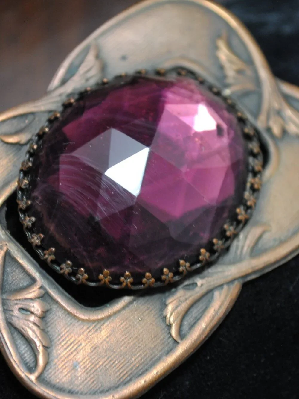 Antique Art Nouveau Sash Pin / Brooch with Foil Back Amethyst Glass